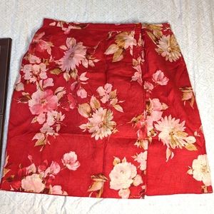 Jones‎ New York 100% linen 20 vintage red rose floral print button wrap skirt